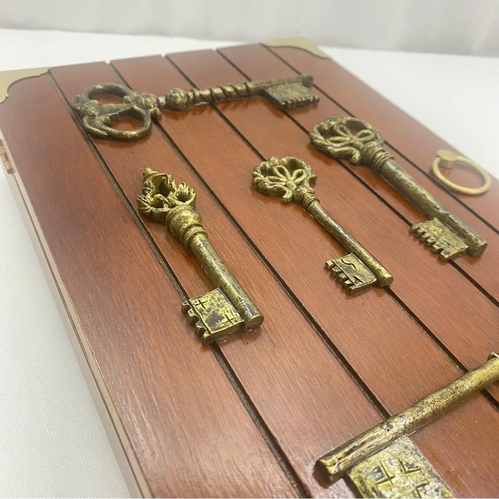 Wooden wall-mounted key holder box decorative brass-finish skeleton keys Vintage
